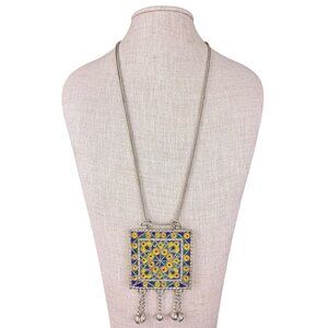 Vintage Silver-Tone Filigree & Enamel Necklace With Pendant Yellow/Blue Accents